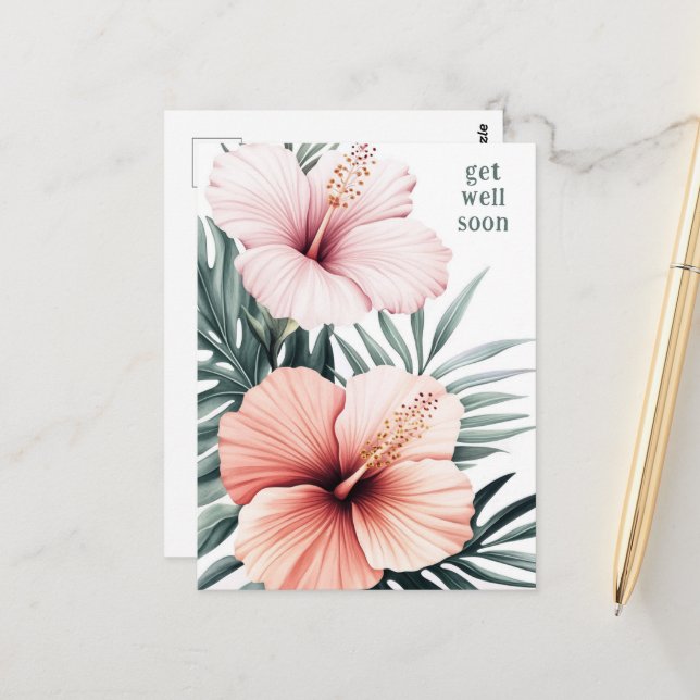 Blume DES tropischen Hibiskus KOMMEN BALD GUT Postkarte (Vorderseite/Rückseite Beispiel)