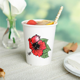 Blume des tropischen Roten Hibiskus mit grünen Blä Pappbecher