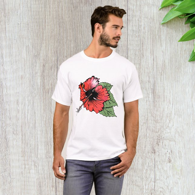 Blume des tropischen Roten Hibiskus mit grünen Blä T-Shirt (Von Creator hochgeladen)
