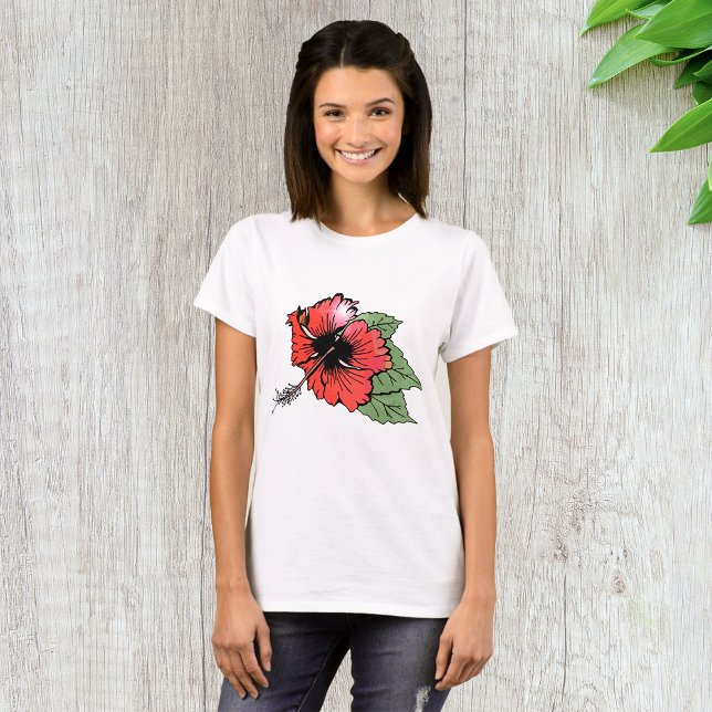 Blume des tropischen Roten Hibiskus mit grünen Blä T-Shirt (Von Creator hochgeladen)