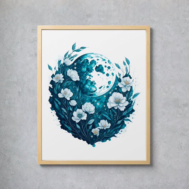 Blume des Watercolor Moon Celestis Poster (Watercolor Moon Celestial Stars Flowers Poster
)