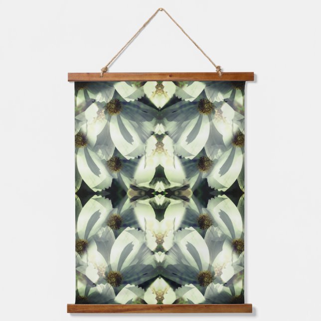 Blume des weißen Kosmos Abstrakte Kunst Wandteppich Mit Holzrahmen (Vorderseite)