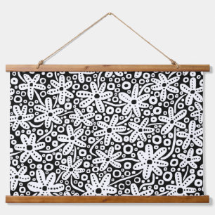 Blume Design - Weiß auf Schwarz Wandteppich Mit Holzrahmen