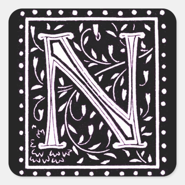 Blume & Dots Monogramm "N" Quadratischer Aufkleber (Vorderseite)