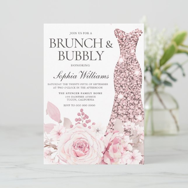 Blume & Dress Brautparty Brunch & Bubbly Einladung (Stehend Vorderseite)