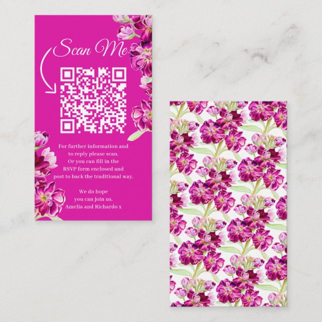 Blume dunkelrosa QR-Code für Hochzeit scannen mich Begleitkarte (Vorne/Hinten)