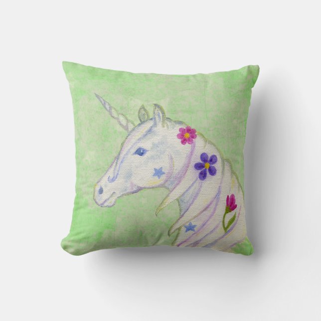 Blume Einhorn auf Grün Kissen (Vorderseite)