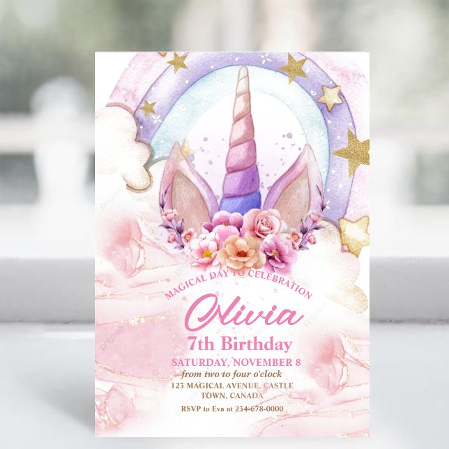 Blume Einhorn und Regenbogen Wasserfarbe Geburtsta Einladung (Von Creator hochgeladen)