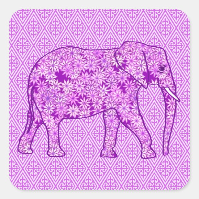 Blume Elefant - Amethyst lila Quadratischer Aufkleber (Vorderseite)