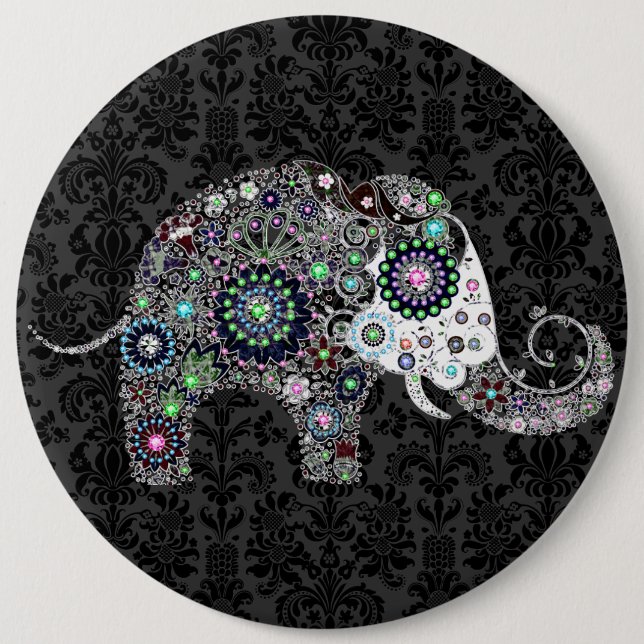 Blume Elefant mit farbenfrohen Diamantschläuchen Button (Vorderseite)