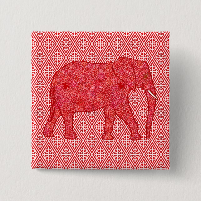 Blume Elefant - tiefrot und korallenrot Button (Vorderseite)