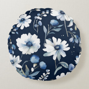 Blume Elegant Wasserfarbe Blau Rundes Kissen