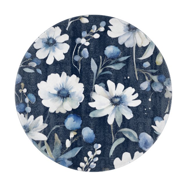 Blume Elegant Wasserfarbe Blau Schneidebrett (Vorderseite)