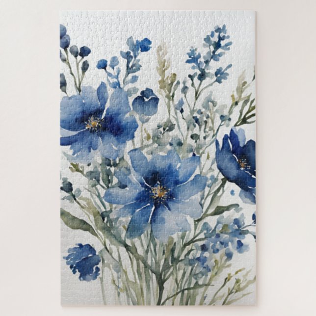 Blume Elegant Wasserfarbe Stilvoll Blau Puzzle (Vertikal)