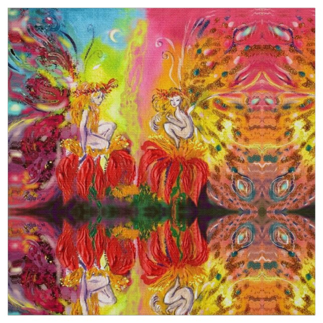 BLUME FAIRIEN DER DAWN Red Yellow Fantasy Stoff (Muster)