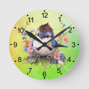Blume Fairy Bird Aquarell Clipart-73610 Runde Wanduhr