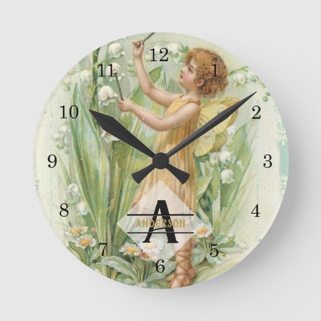 Blume Fairy Snowboells Vintag Art Monogramm Runde Wanduhr (Vorderseite)
