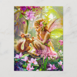 Blume Fairy und spielerisches Eichhörnchen Postkarte