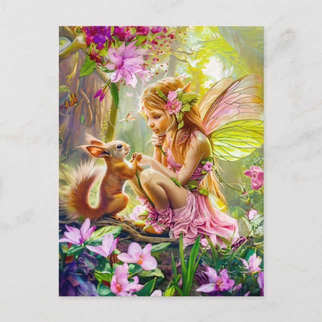 Blume Fairy und spielerisches Eichhörnchen Postkarte (Vorderseite)
