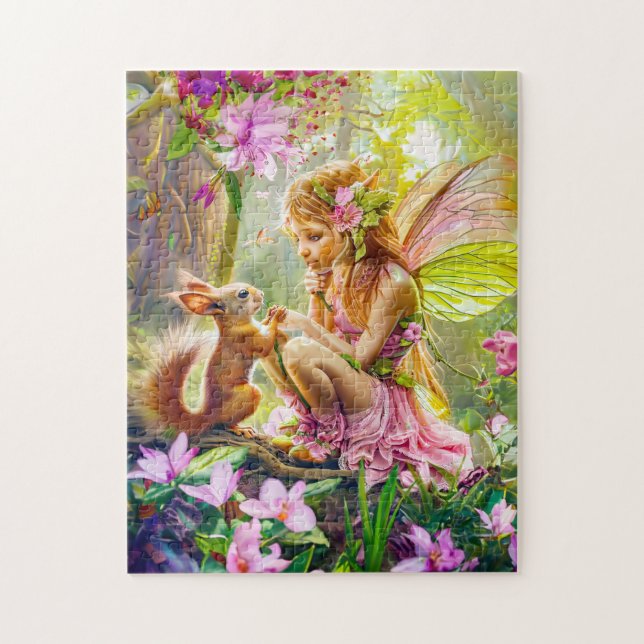 Blume Fairy und spielerisches Eichhörnchen Puzzle (Vertikal)