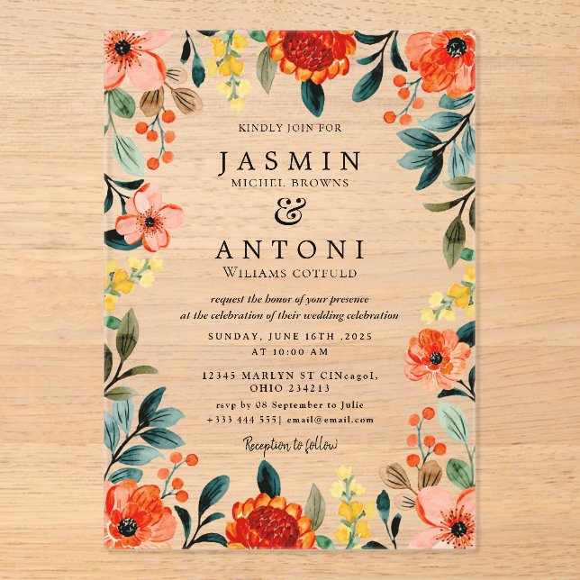 Blume fallen Foliage Wedding Acryleinladungen (Vorderseite)