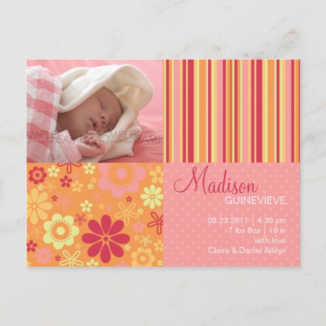 Blume Fizz Pink & Orange ・ Kinderankündigung Ankündigungspostkarte (Vorderseite)