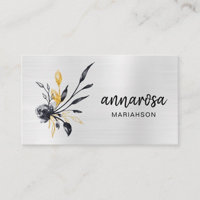 *~* Blume Floral Silver LOGO FOTO Gold QR Visitenkarte (Vorderseite)