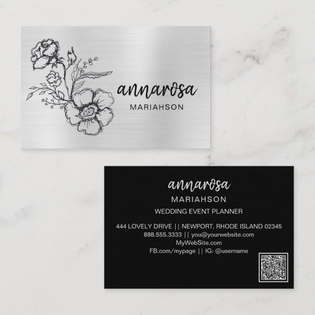 *~* Blume Floral Silver QR LOGO FOTO Elegant  Visitenkarte (Vorne/Hinten)