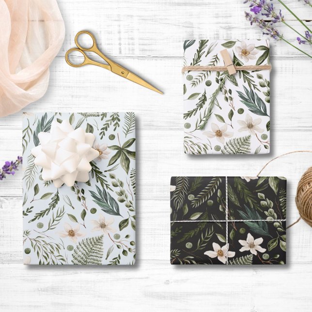 Blume Foliage Wasserfarbe Nahtlose Blumenmuster Geschenkpapier Set (In situ)