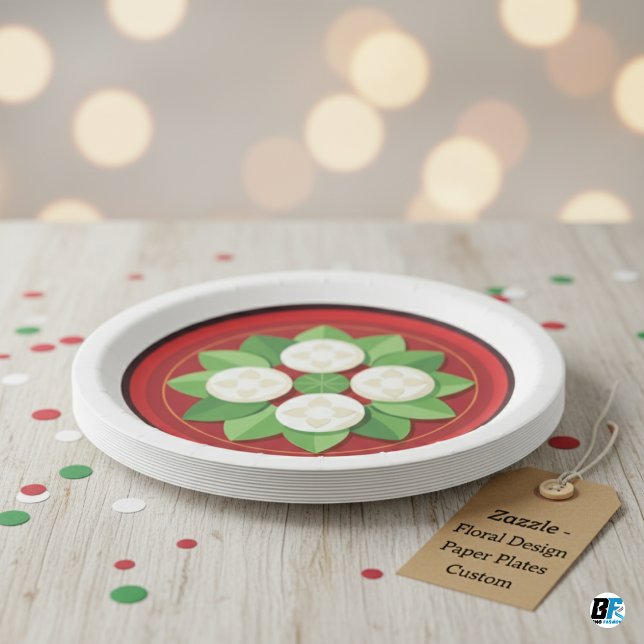 Blume-Form auf dunkelrot mit Border & Blätter Pappteller (Von Creator hochgeladen)