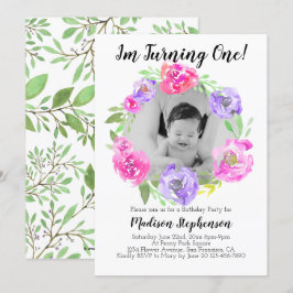 Blume Foto Girl Babys 1. Geburtstag Party Einladung
