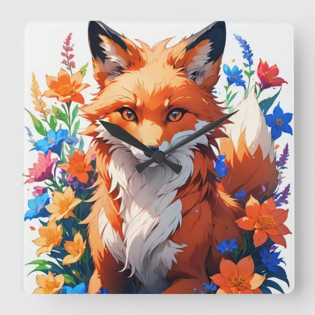 Blume Fox Quadratische Wanduhr (Vorderseite)