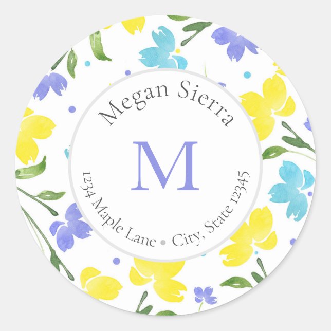 Blume für Aqua-Periwinkle und Gelb Runder Aufkleber (Vorderseite)