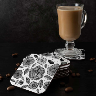 Blume für Aquarell und Tinte - Schwarzweiß Rechteckiger Pappuntersetzer