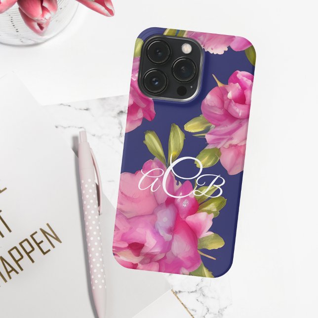 Blume für Monogramm, Rosa und Navy iPhone Hülle (Von Creator hochgeladen)