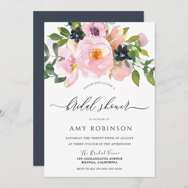 Blume für Navy und Blush Brautparty Einladung (Vorne/Hinten)