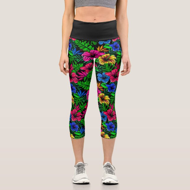 Blume für tropisch rosa, blau-gelbe Hibisken Capri Leggings (Vorderseite)