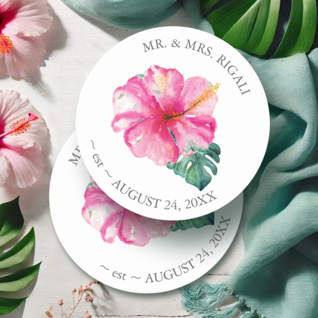 Blume für tropische Hochzeiten und Hibisken Runder Pappuntersetzer (Wedding coasters for favors watercolor pink hibiscus flowers art Victoria Grigaliunas DoTellABelle)