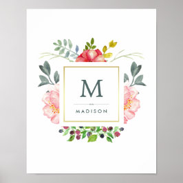 Blume für Wasserfarben mit Gold und Monogramm Poster