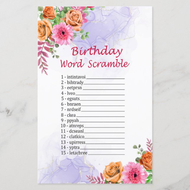 Blume Geburtstag Word Scramble Game (Vorderseite)