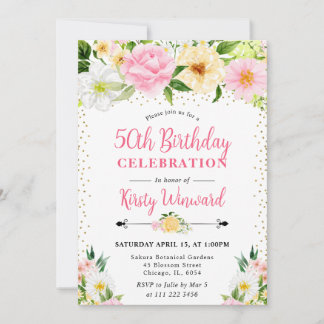 Blume Gelb und Rosa Aquarellfarben 50. Geburtstag Einladung