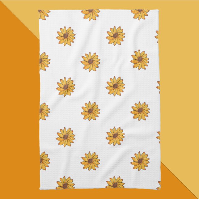 Blume Gelbes Muster Geschirrtuch (A kitchen towel with a pattern of hand drawn yellow sunflowers.)