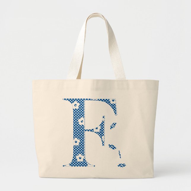 Blume Gemusterter Buchstabe F (blau & dots) Jumbo Stoffbeutel (Vorne)
