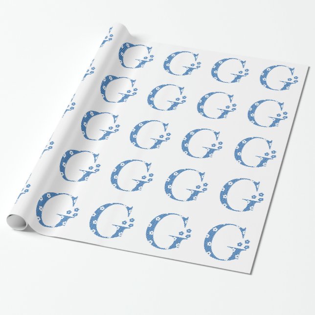 Blume Gemusterter Buchstabe G (blau & dots) Geschenkpapier (Ungerollt)