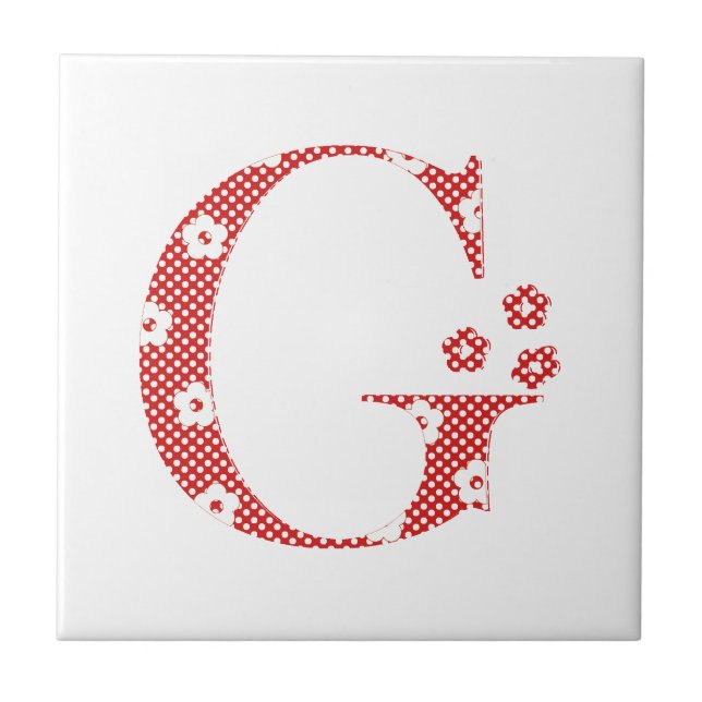 Blume Gemusterter Buchstabe G (rot & Punkte) Fliese (Vorderseite)