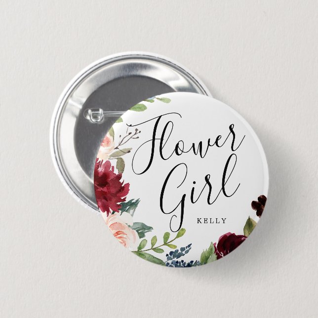 Blume Girl Burgundy Bouquet Custom Wedding Button (Vorne & Hinten)