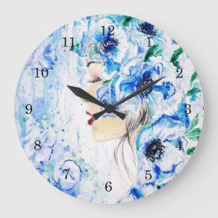 Blume Girl Wall Clock - Blaue Fantasie - Malerei Große Wanduhr