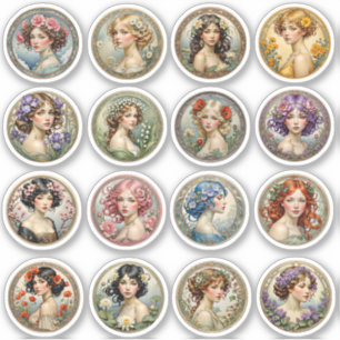 Blume Girls Round Art Nouveau Vinyl Stickers Aufkleber
