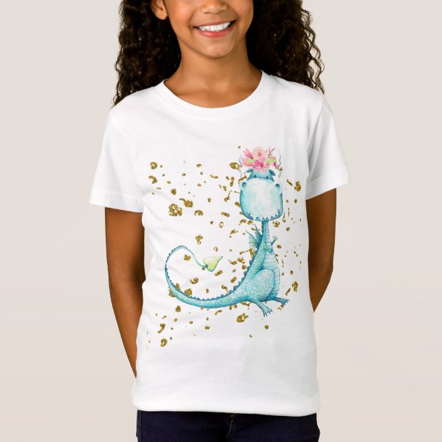 *~* Blume Glitzer Blue Girly Dragon Dinosaurier T-Shirt (Vorderseite)