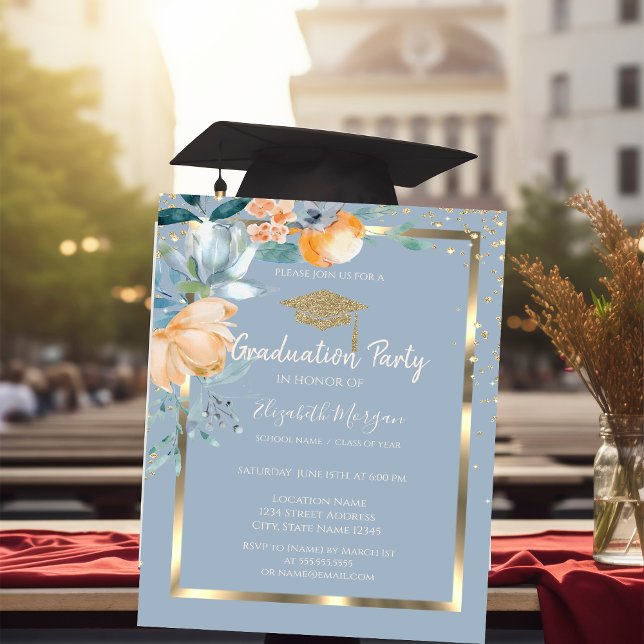 Blume Gold Grad Cap Dusty Blue Abschluss Einladung (Von Creator hochgeladen)